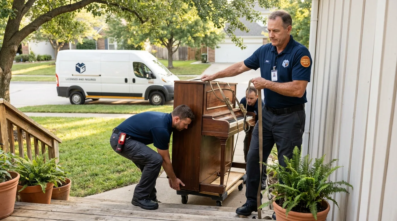 Licensed piano movers securing grand piano in Hydesville, CA