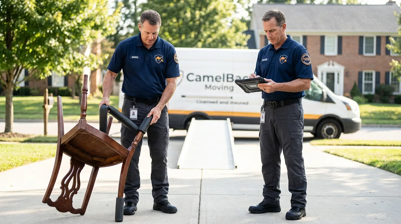 Movers inspecting furniture for damage prevention before loading in Hydesville, CA