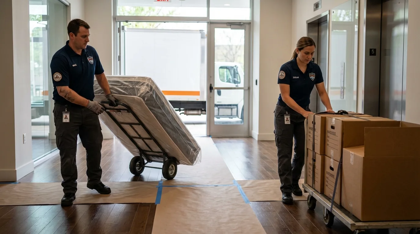 Professional apartment movers loading elevator in Hydesville, CA